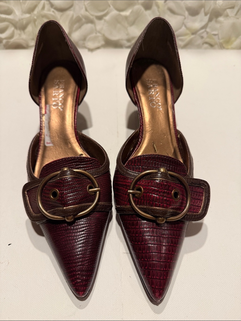 Franco Sarto Wine Textured Pointed D'Orsay Flats with Brass Buckle